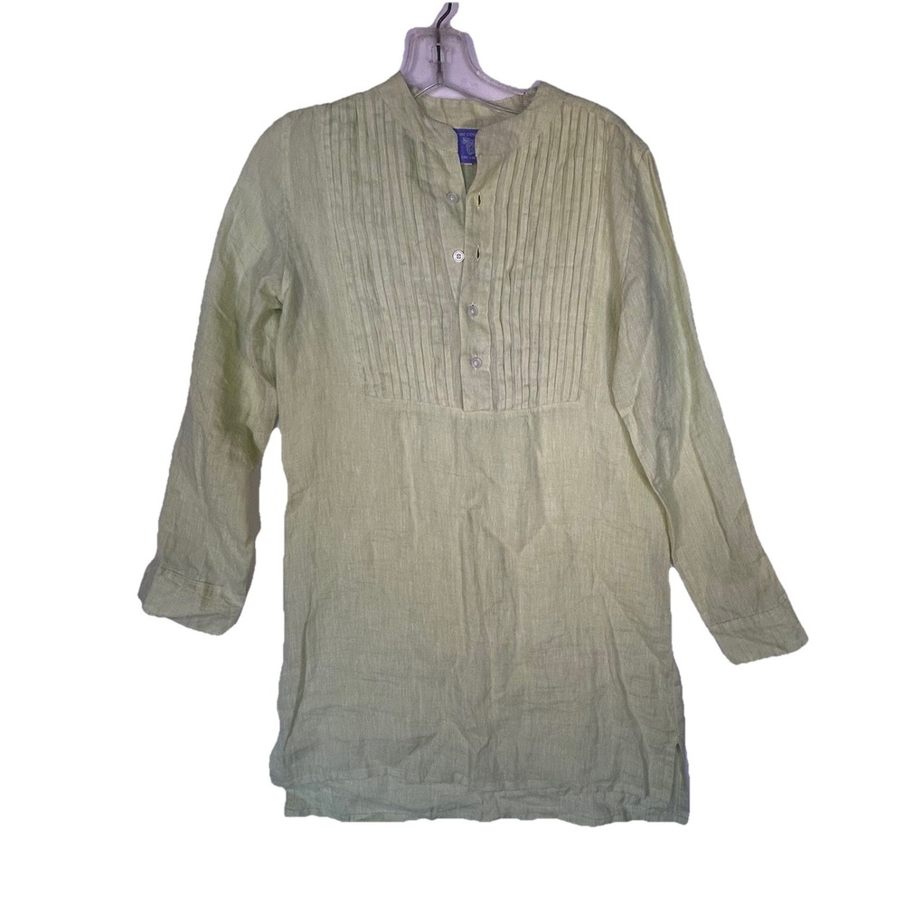 Pine Cone Hill Pleated 100% Linen Green Chambray Tunic Solid Long Sleeve Size XS